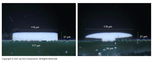 Left: White solder mask dam with minimal undercut. Right: White solder mask dam with severe undercut