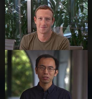 Photo: Meta CEO Mark Zuckerberg and Taiwanese engineer Peng-Jen Chen demonstrating the Hokkien-English synchronous translation function. Credit: Meta