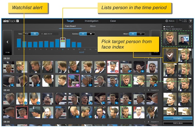 airaTrack allows users to select a target for tracking and plays back the video footages with the selected target