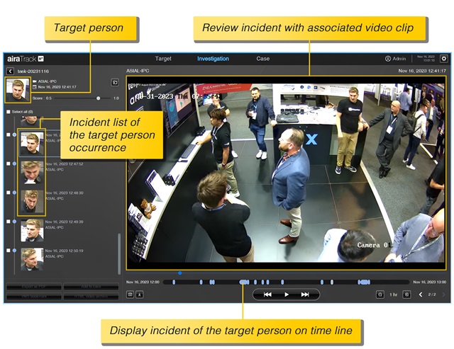 airaTrack searches video archives for the target and plays back the video footages where the target is identified
